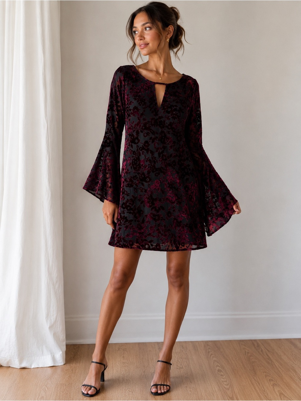 Envy Black Burgundy Velvet Burnout Bell Sleeve Dress Size Large Boho